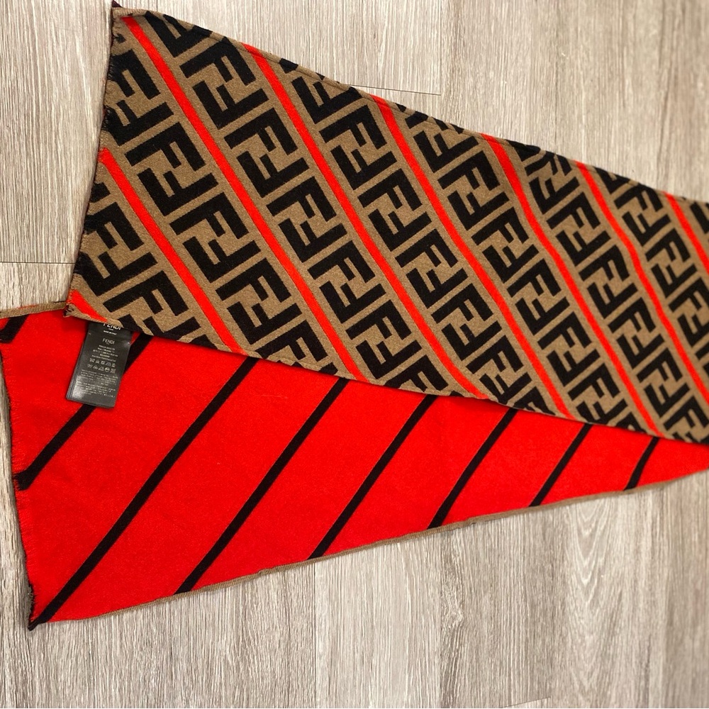 Fendi Red and Brown Reversible Scarf with Monogram